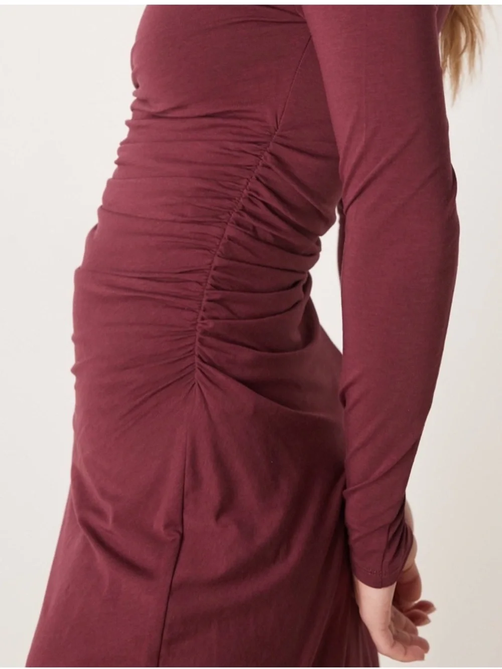 Abercrombie & Fitch Modal Blend Long Sleeve Ruched Maxi Dress in Wine
